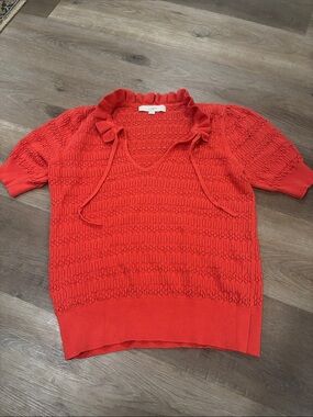 LOFT Coral Ruffled Tie-Neck Short Sleeve Knit Sweater